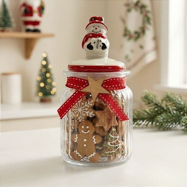 Pote Decorativo de Vidro de Natal - Boneco de Neve - 16,5x9cm - 300mL - 1 unidade - Rizzo