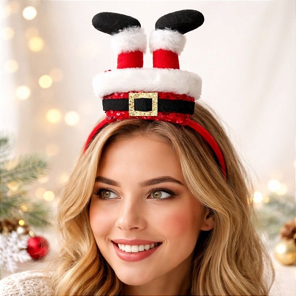 Tiara de Natal - Perna do Papai Noel -  Vermelho e Branco - 28cm - 1 unidade - Rizzo