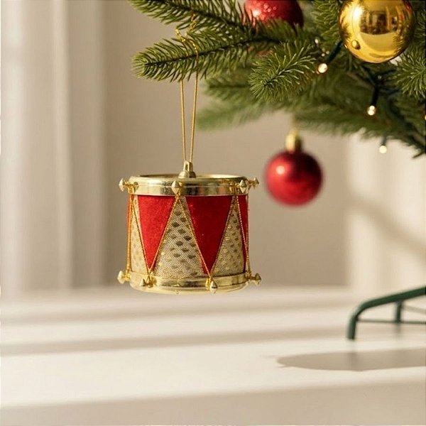 Enfeite Para Pendurar De Natal - Tambor Vermelho e Dourado Com Estampa - 5cm - 3 unidades - Rizzo
