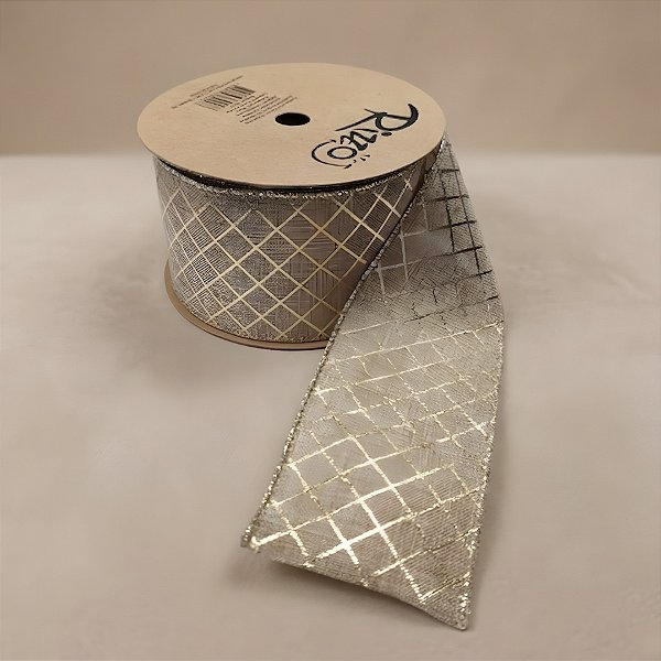 Fita Aramada Decorativa de Natal - Quadriculada Dourada - 6,3cm x 9,14m - 1 unidade - Rizzo
