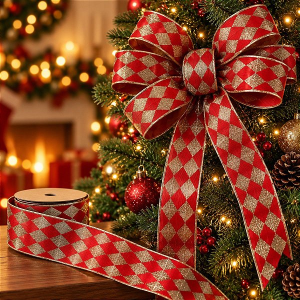Fita Aramada Decorativa de Natal - Losango Vermelho e Dourado - 6,3cm x 9,14m - 1 unidade - Rizzo