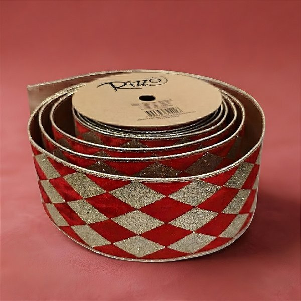 Fita Aramada Decorativa de Natal - Losango Vermelho e Dourado - 6,3cm x 9,14m - 1 unidade - Rizzo