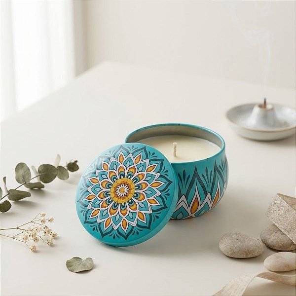 Vela Aromática - Lata Metálica Mandala - Verde Água Claro - 6cm - 1 unidade - Rizzo