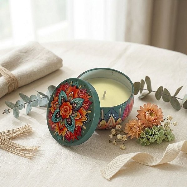 Vela Aromática - Lata Metálica Mandala - Verde Musgo - 6cm - 1 unidade - Rizzo