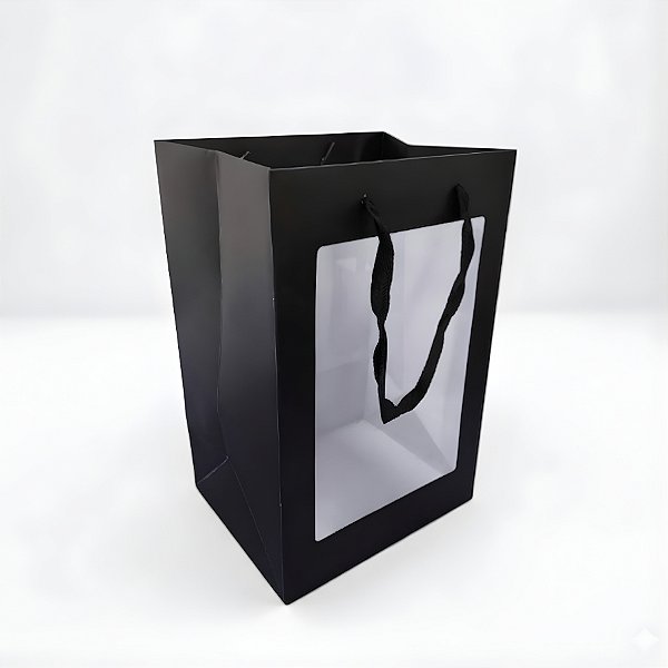 Sacola de Papel com visor PVC 35x25x18cm - Preta - 1 unidade - Rizzo