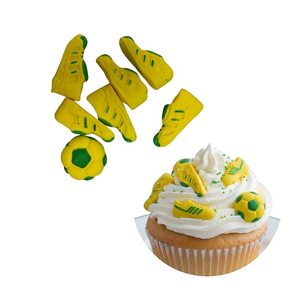 Confeito de Açúcar - Chuteira e Bola de Futebol Verde e Amarelo - Copa do Mundo - 7 unidades - Abelha Confeiteira - Rizz
