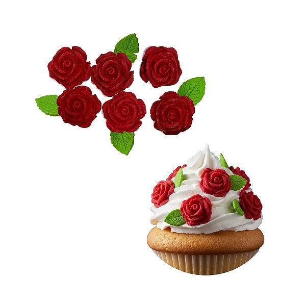 Confeito de Açúcar - Rosas com Folhas - Vermelho - 12 unidades - Abelha Confeiteira - Rizzo