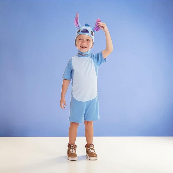 Fantasia Infantil Stitch - Macacão Curto e Touca - P 4 a 6 anos - Disney Original - 1 unidade - Novabrink  - Rizzo