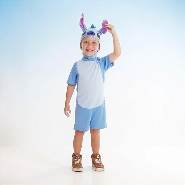 Fantasia Infantil Stitch - Macacão Curto e Touca - PP de 2 a 4 anos - Disney Original - 1 unidade - Novabrink  - Rizzo