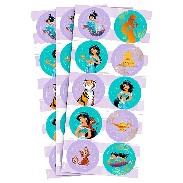 Adesivo Decorativo Redondo - Jasmine  - 30 unidades - Disney Original - Rizzo