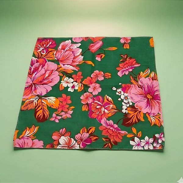 Guardanapo Chita Verde com Flores Rosas - 40x40cm - 4 unidades - Rizzo