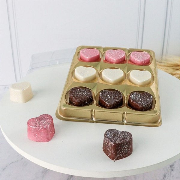 Caixa Retangular de Acetato Para Bombons 9 Cavidades - Dourado -  Ref.14260 - 10 unidades - BWB - Rizzo