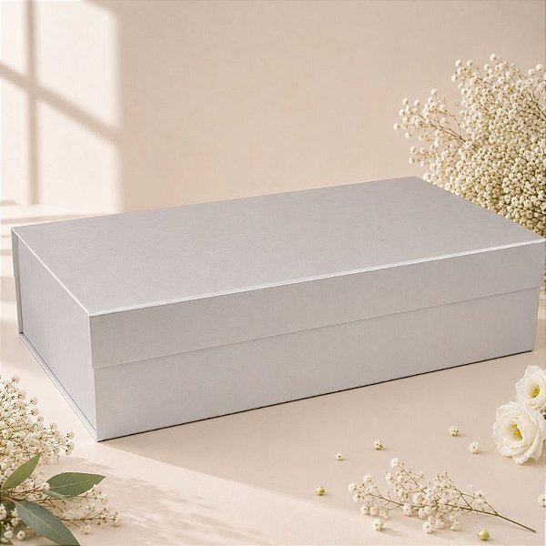 Caixa de Papel Rígido Retangular com Imã - Prata - GG 38x28Ccm - 1 unidade - Rizzo