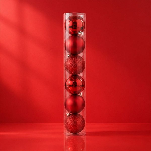 Bola de Natal em Tubo - Brilho, Fosco e Glitter - Vermelho - 8cm  - 6 unidades - Cromus - Rizzo
