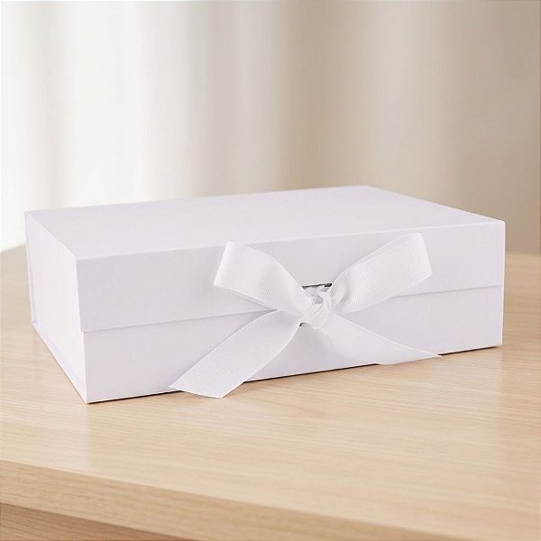 Caixa de Papel Rígido Retangular com Imã e Fita  - Branco - M 28,2x20,2x9,2cm - 1 unidade - Rizzo