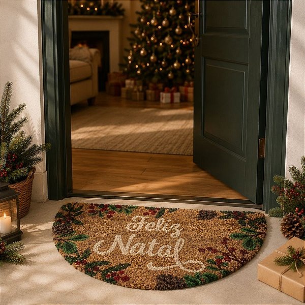 Capacho de Fibra - Feliz Natal - Branco - 60cm - 1 unidade - Rizzo