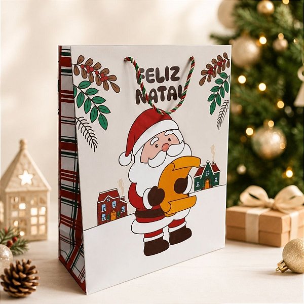 Sacola de Papel de Natal - Feliz Natal - Bege - 27cm - 1 unidade - Rizzo