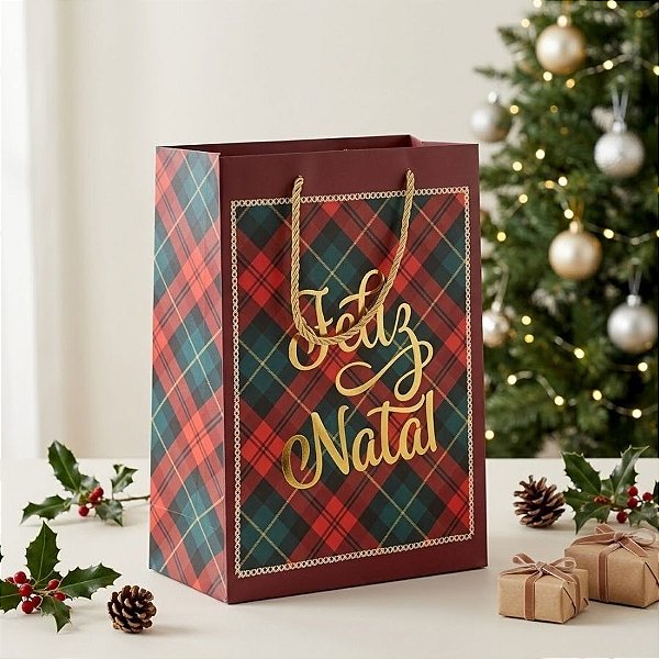 Sacola de Papel de Natal - Feliz Natal Detalhes Vermelhos - 37cm - 1 unidade - Rizzo