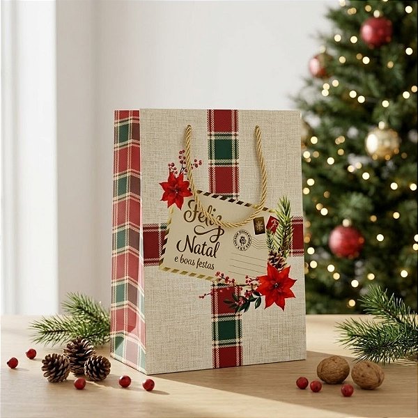Sacola de Papel de Natal - Feliz Natal e Boas Festas Vermelho - 27cm - 1 unidade - Rizzo
