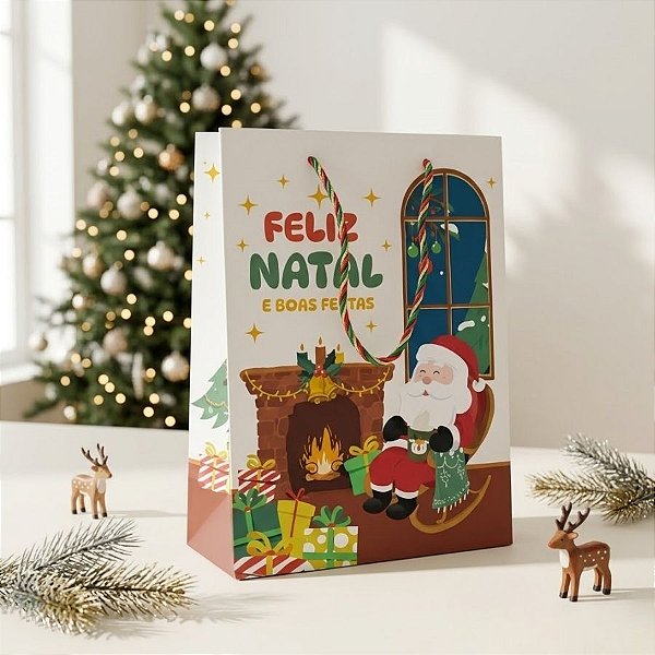 Sacola de Papel de Natal - Feliz Natal e Boas Festas - Bege - 27cm - 1 unidade - Rizzo