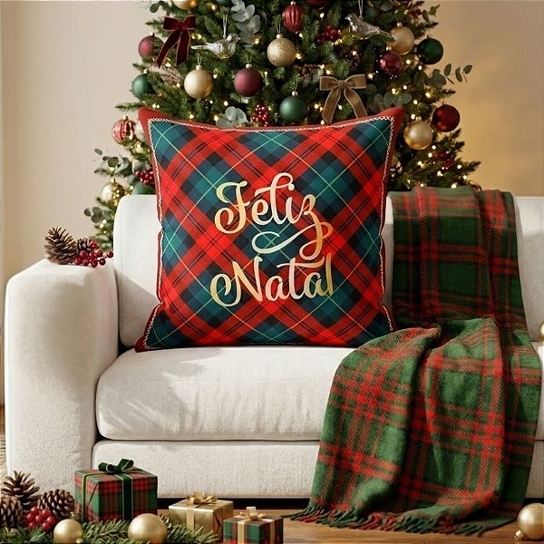 Capa Para Almofada de Natal - Feliz Natal - Detalhes Verdes - 43cm - 1 unidade - Rizzo