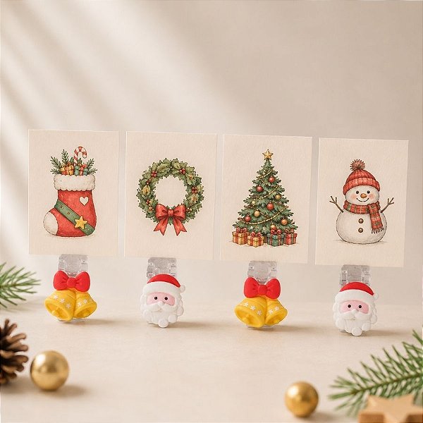 Mini Prendedor de Natal - Papai Noel e Sinos Decorados - 2,5x1cm - 4 unidades - Rizzo