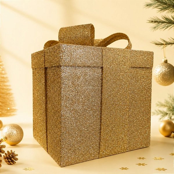 Caixa de Presente Decorativa para Cenário - Dourado Glitter - 35cm - 1 unidade - Rizzo