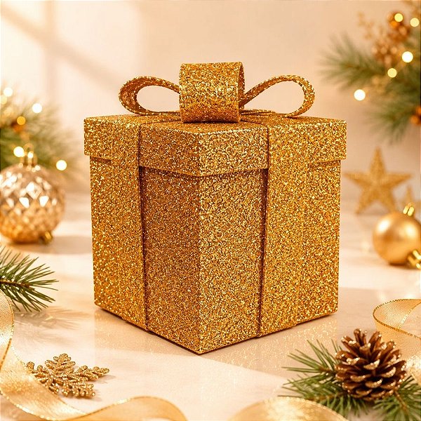 Caixa de Presente Decorativa para Cenário - Dourado Glitter - 20cm - 1 unidade - Rizzo