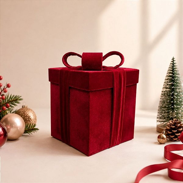 Caixa de Presente Decorativa para Cenário - Vermelha Veludo - 30cm - 1 unidade - Rizzo