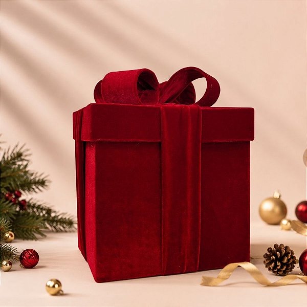 Caixa de Presente Decorativa para Cenário - Vermelha Veludo - 25cm - 1 unidade - Rizzo