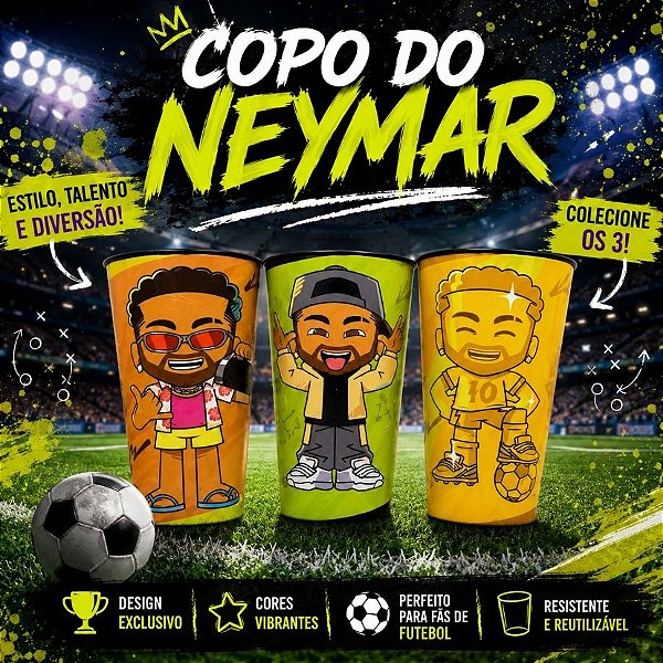 Copos Colecionáveis Neymar Jr Gols Que Marcaram História 600ml - KIT 3 - 3 unidades - Rizzo