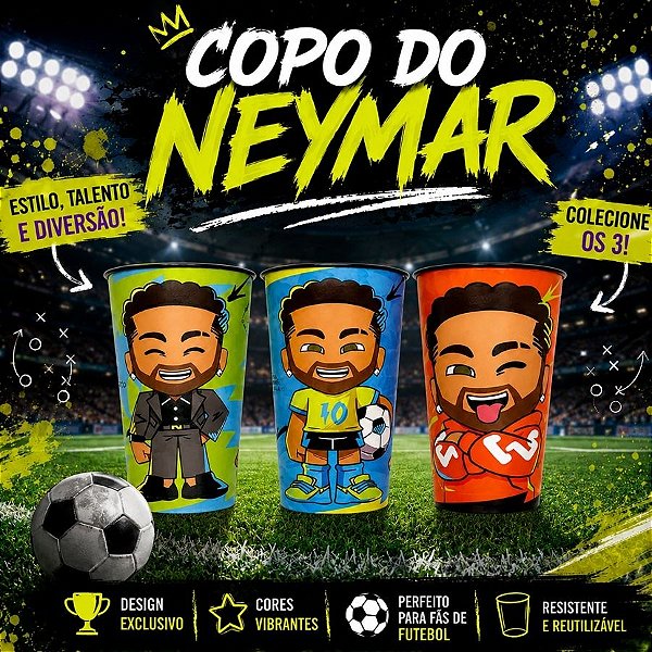 Copos Colecionáveis Neymar Jr Gols Que Marcaram História 600ml - KIT 4 - 3 unidades - Rizzo
