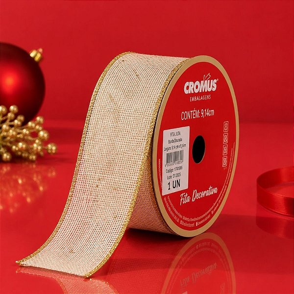 Fita Aramada Decorativa de Natal - Juta Natural com Borda Dourada - 9,14m - 1 unidade - Cromus - Rizzo