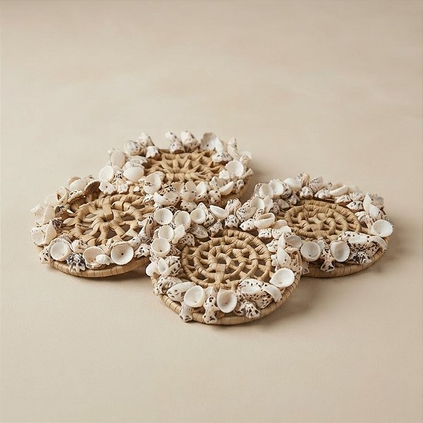 Porta Copo de Fibra Natural com Conchas - 10x2cm - 4 unidades - Cromus - Rizzo
