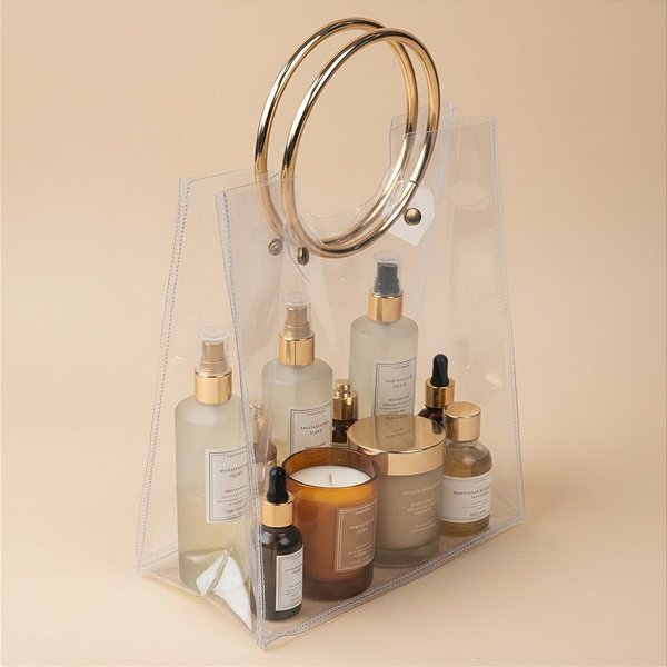 Sacola Transparente PVC com Alça Redonda de Metal - Dourado - 28x25x15cm - 1 unidade - Cromus - Rizzo