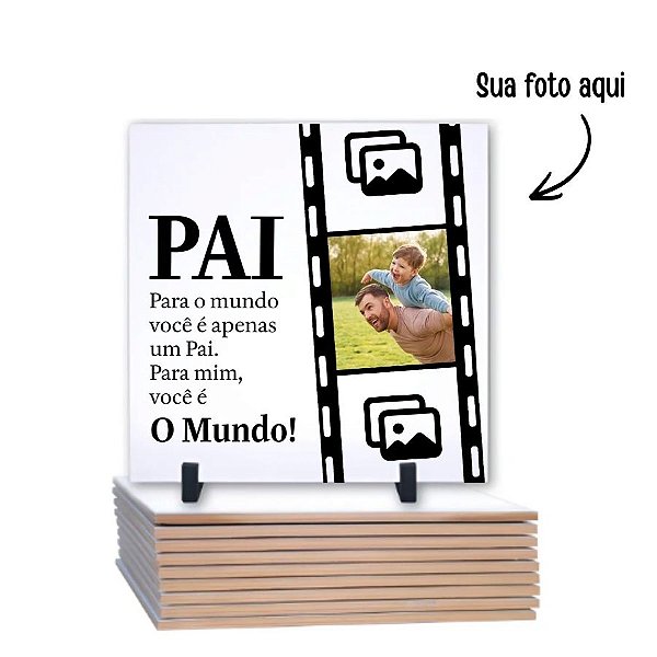 Azulejo Suporte em Madeira Personalize com Sua Foto - Pai Meu Mundo - Formato Quadrado - 20x20cm - 1 unidade - Rizzo
