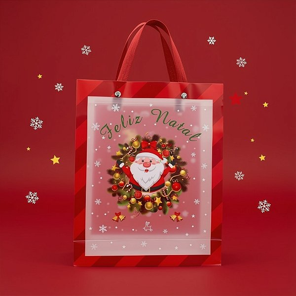 Sacola Transparente Fosca Com Alça De Fibra Vermelha - Papai Noel e Guirlanda - 25x20x7cm - 12 unidades - Rizzo
