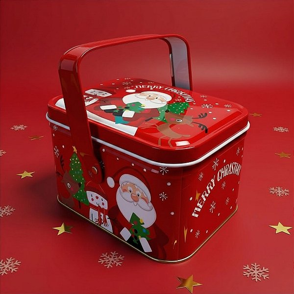 Lata de Metal Retangular Com Alça de Natal - Papai Noel e Amigos - 6x10,5x8cm  - 1 unidade - Rizzo