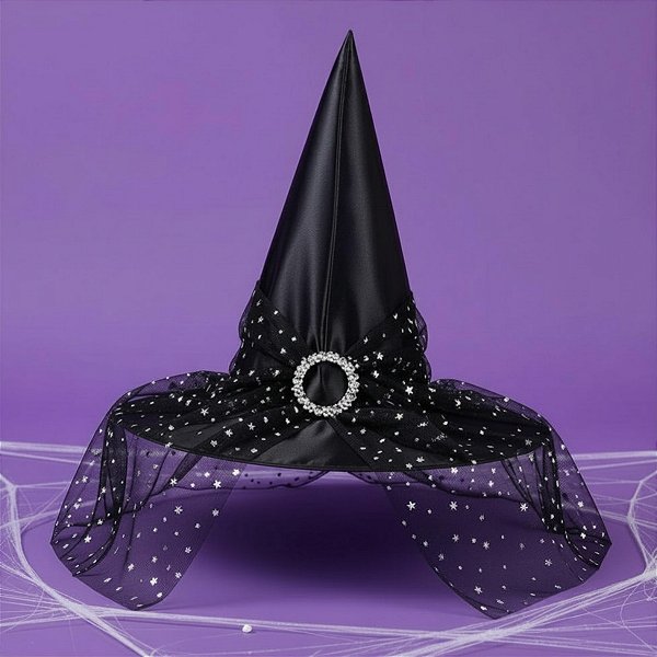Chapéu de Bruxa Preto com Fivela e Tule Estrelado - 37x33cm - 1 unidade - Rizzo