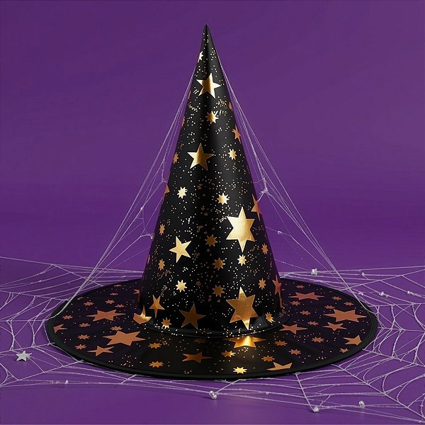 Chapéu de Bruxa Preto com Estrelas Douradas - 38x34cm - 1 unidade - Rizzo