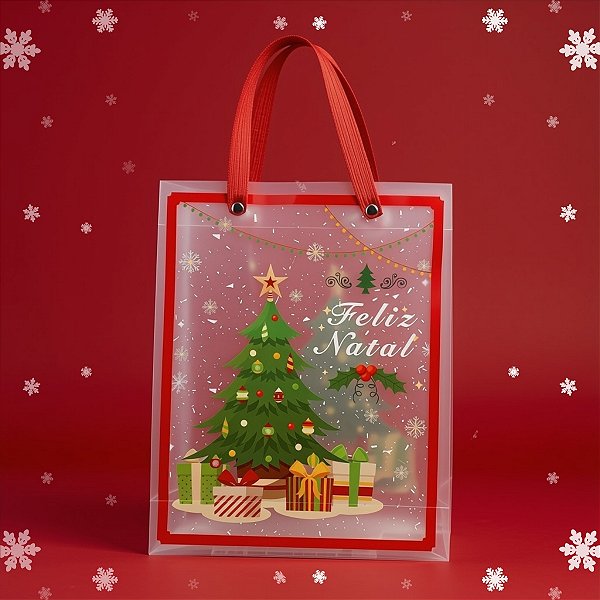 Sacola Transparente Fosca Com Alça De Fibra Vermelha - Árvore de Natal - 25x20x7cm - 1 unidade - Rizzo