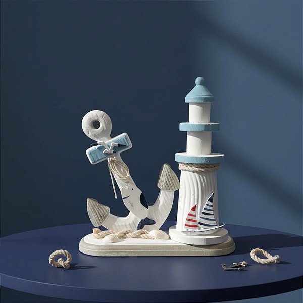 Enfeite Decorativo de Madeira - Âncora e Farol Náutico Peixe - 20x20cm - 1 unidade - Rizzo
