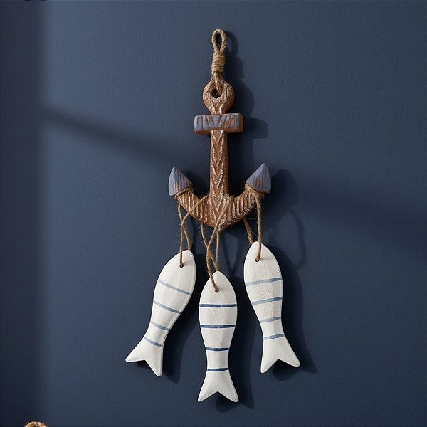 Enfeite Decorativo de Madeira - Pendente Nautico de Ancora e Peixes - 32x12cm - 1 unidade - Rizzo