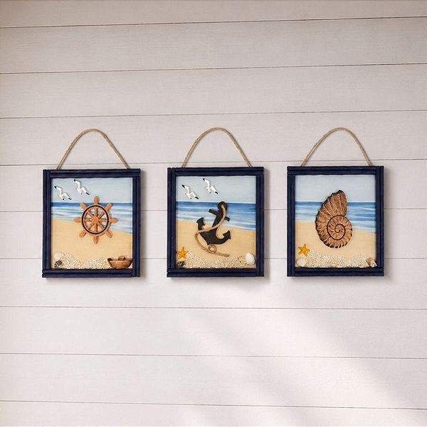 Enfeite Decorativo Para Pendurar - Quadros Náuticos de Madeira - 20x20cm - 3 unidades - Rizzo