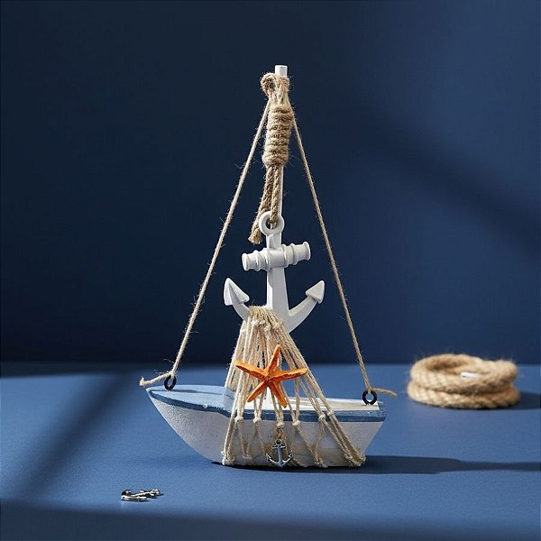 Enfeite Decorativo de Madeira - Barco Decorativo com Estrela do Mar e Âncora - 15x10cm - 1 unidade - Rizzo