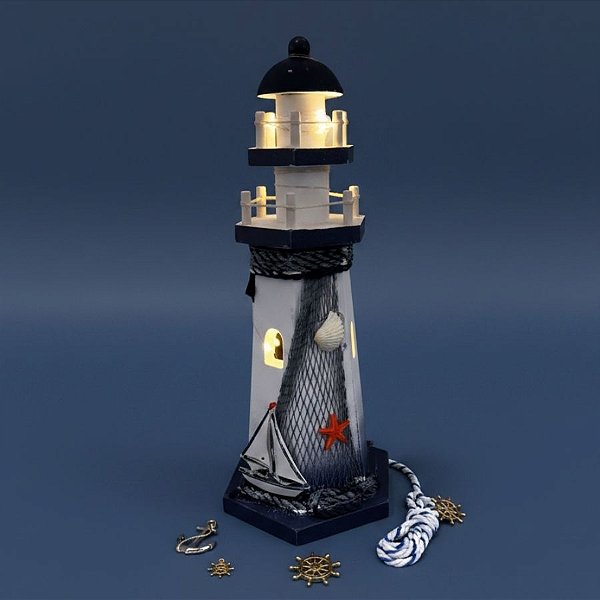 Enfeite Decorativo de Madeira com Luz - Farol Náutico Barquinho - 28x11,5cm - 1 unidade - Rizzo
