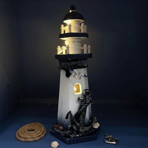 Enfeite Decorativo de Madeira com Luz - Farol Náutico Ancora - 28x11,5cm - 1 unidade - Rizzo
