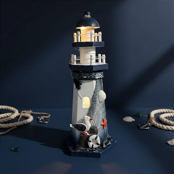 Enfeite Decorativo de Madeira com Luz - Farol Náutico com Gaivota - 28x11,5cm - 1 unidade - Rizzo