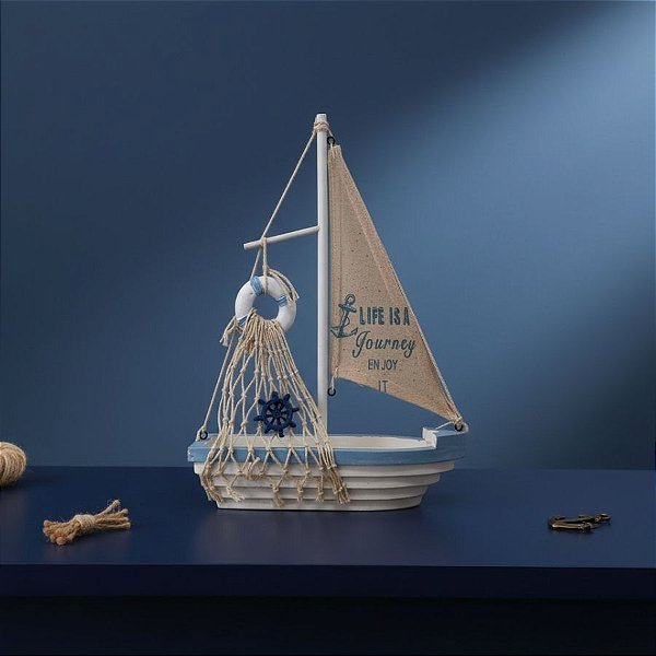 Enfeite Decorativo de Madeira - Barco com Timão - 30x21x7,5cm - 1 unidade - Rizzo