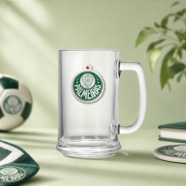 Caneca de Vidro de Cerveja - Palmeiras com Placa de Metal - 420ml - 1 unidade - Allmix Presentes - Rizzo